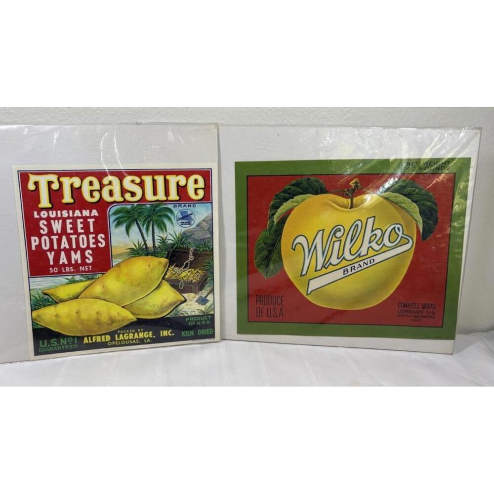 Lot of 2 Vintage Produce Crate Labels – Treasure Yams & Wilko Brand Fruit
